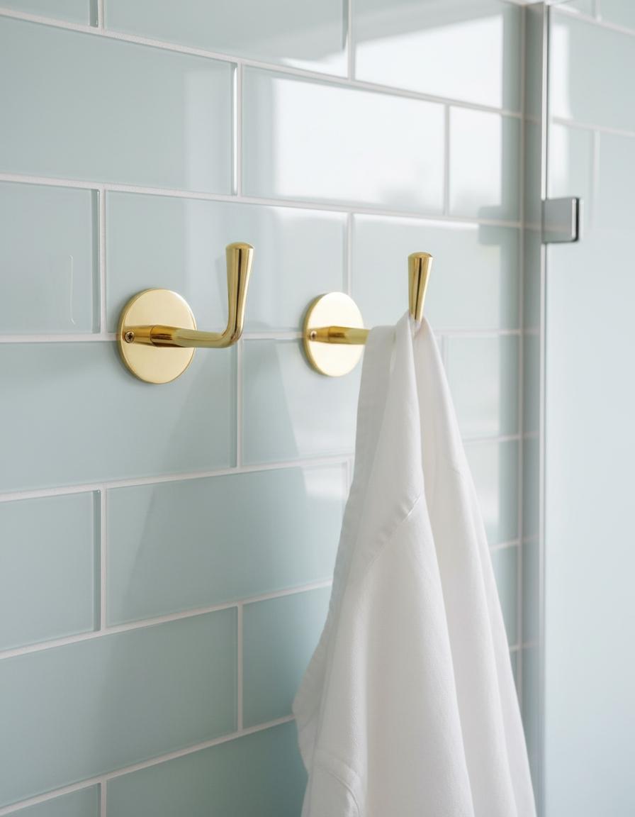 Gold towel hooks on a white wall with white towels hanging from them.
