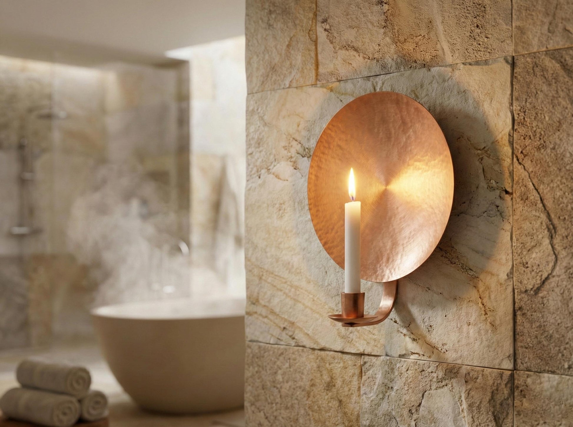 Copper wall sconce with candle on stone wall in bathroom setting