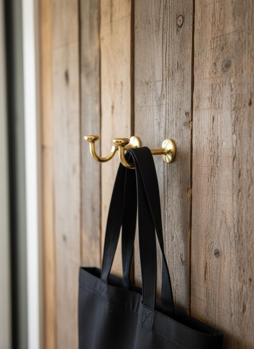 Black tote bag hanging on a gold hook against a wooden wall.