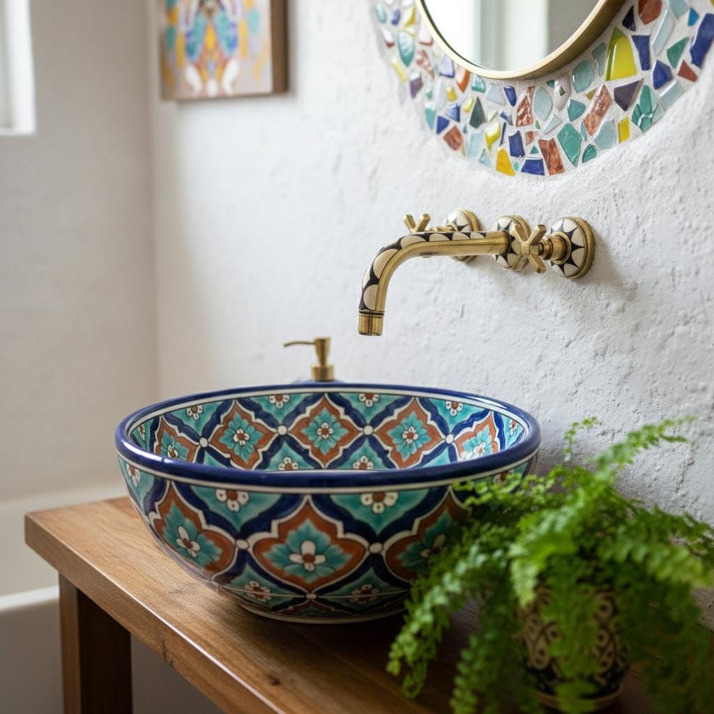 Decorative ceramic sink with a gold faucet in a bathroom setting.