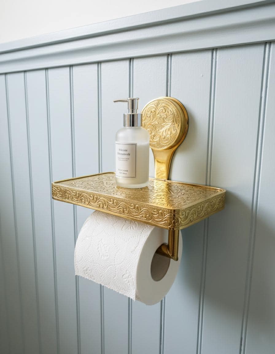 Decorative gold wall shelf with toiletries against a light blue paneled wall