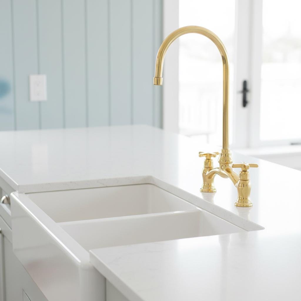 Gold faucet on a white kitchen sink with a light blue wall in the background