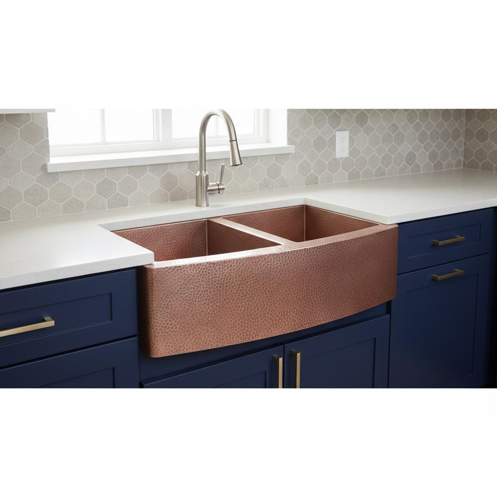 Copper farmhouse sink in a kitchen with blue cabinets and white countertop.