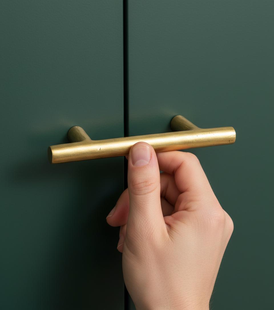 Hand opening a green cabinet door with a gold handle