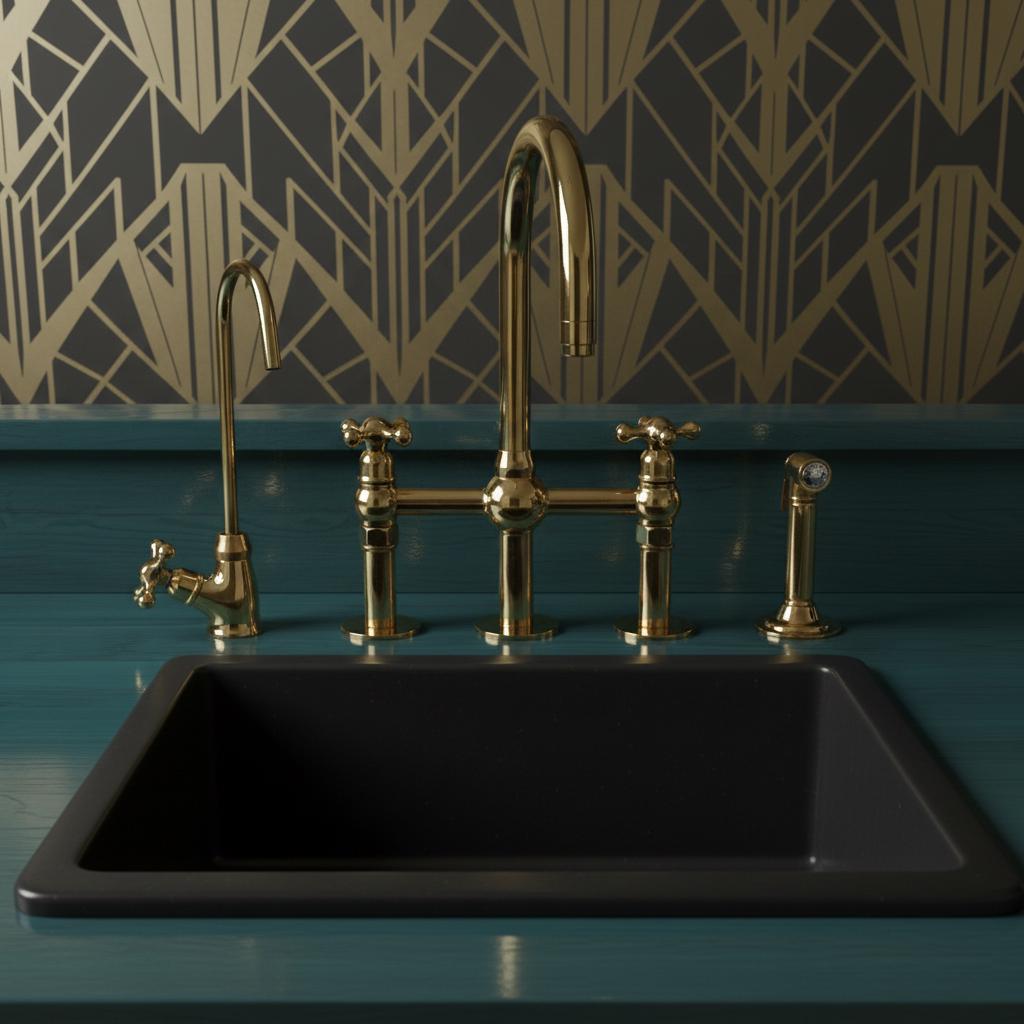 Gold faucet and handles on a black sink against a geometric-patterned wall.