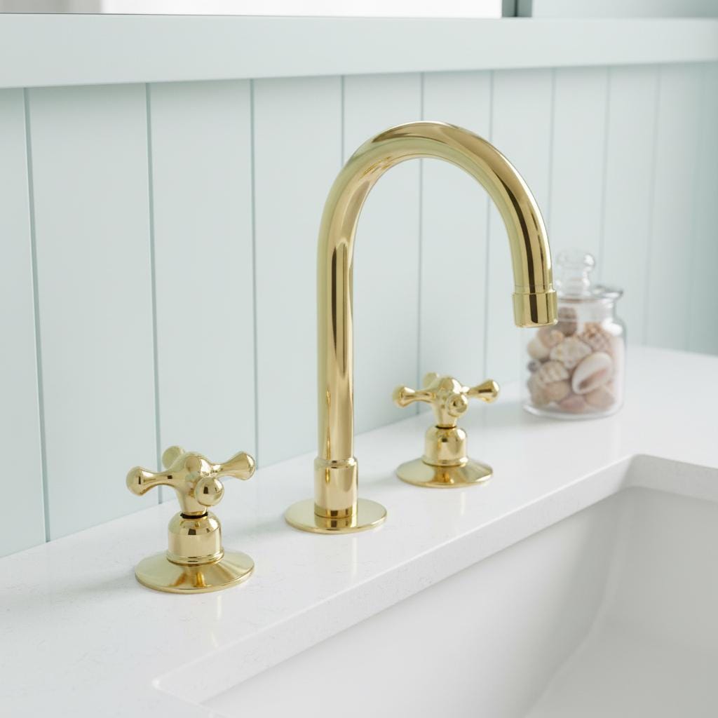 Gold faucet and handles on a white sink with a light blue wall in the background