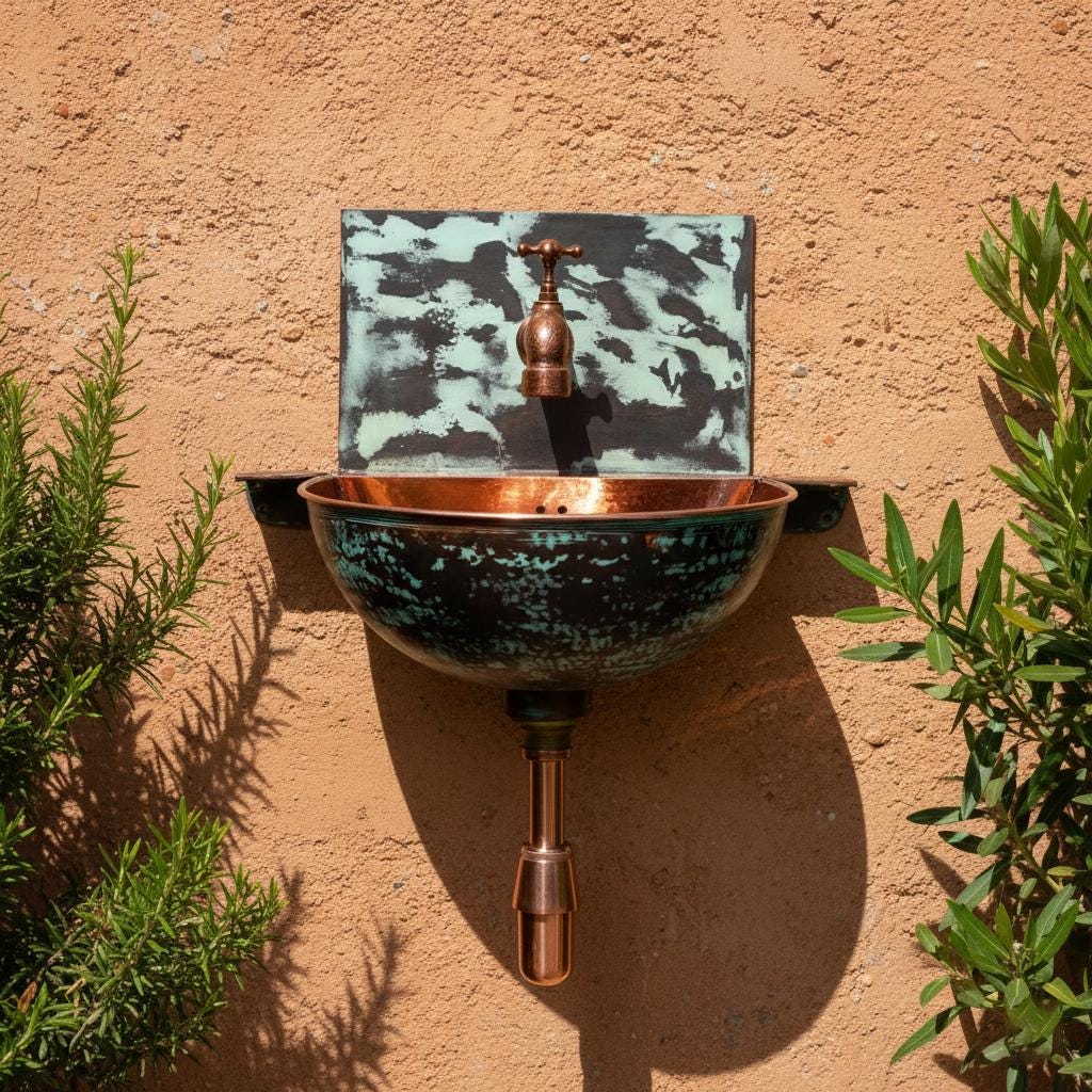 Wall-mounted copper sink with greenish-blue basin and bronze faucet against a beige wall.