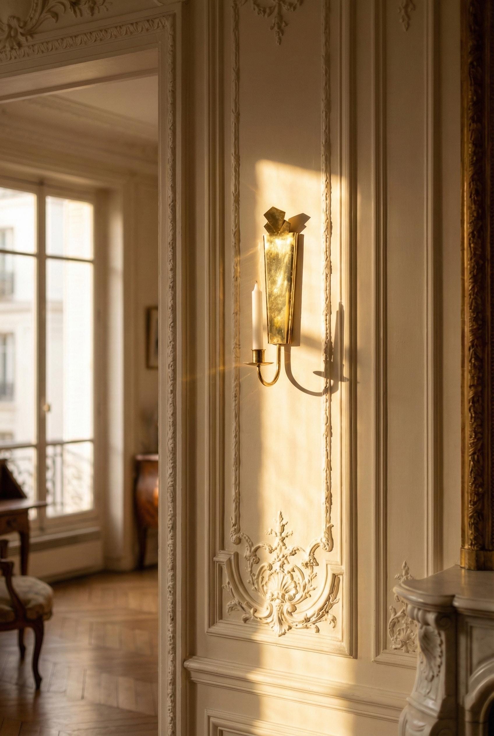 Decorative wall sconce in a room with ornate molding and a window.