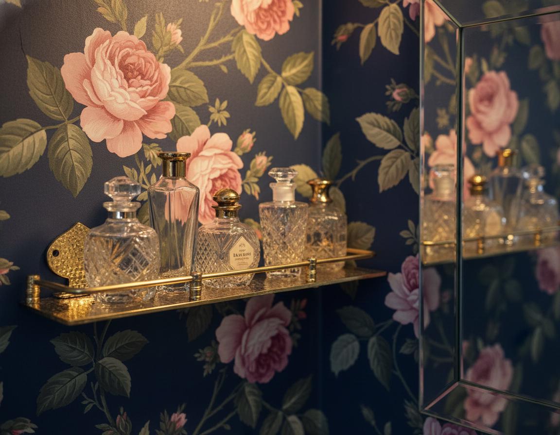 Set of perfume bottles on a decorative shelf with floral wallpaper in the background