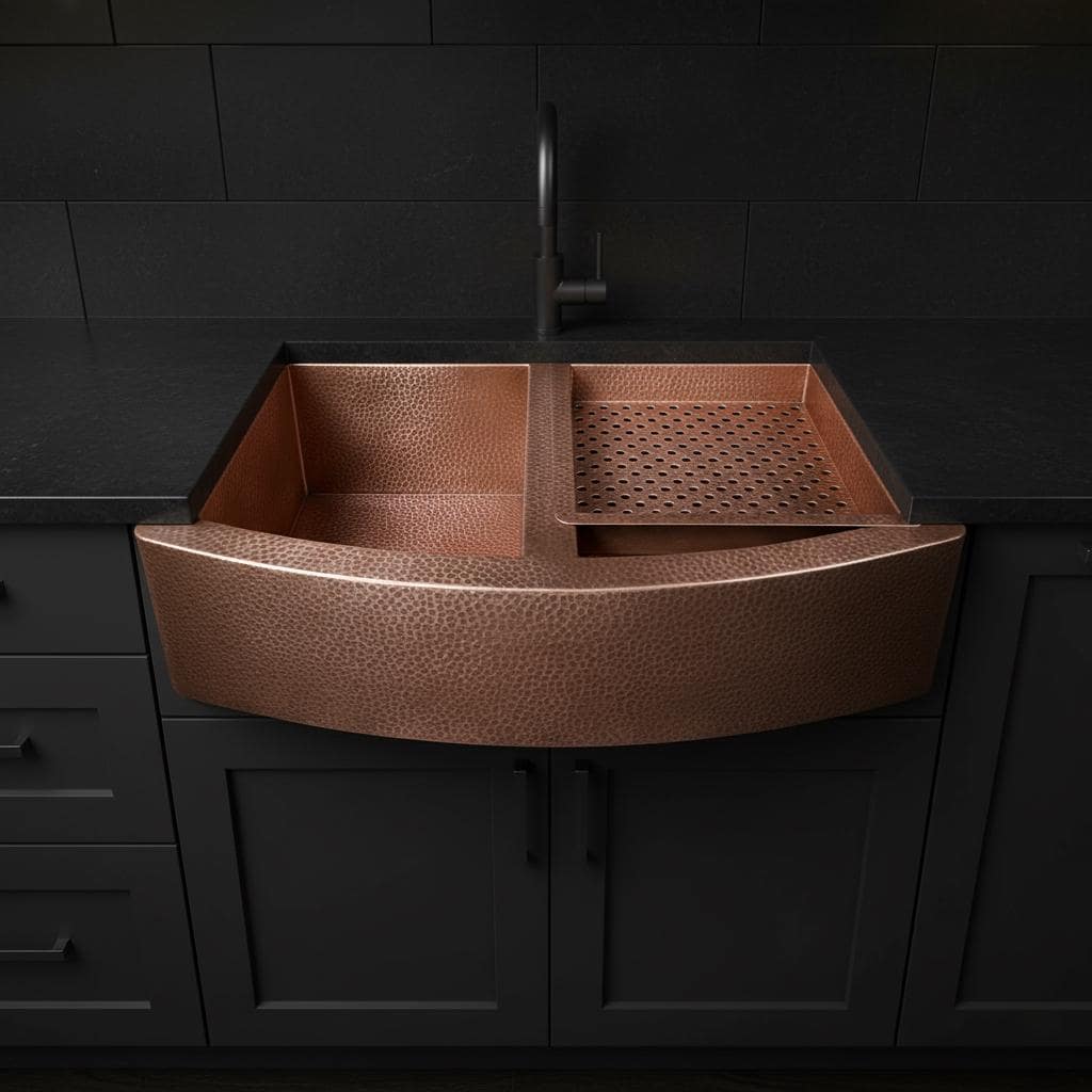 Copper farmhouse sink with a black tiled wall background
