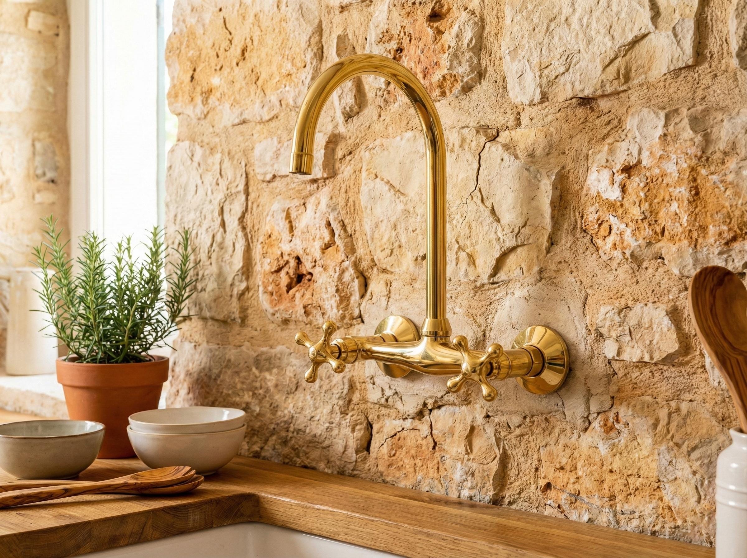 Gold faucet on a stone wall with wooden countertop and plant