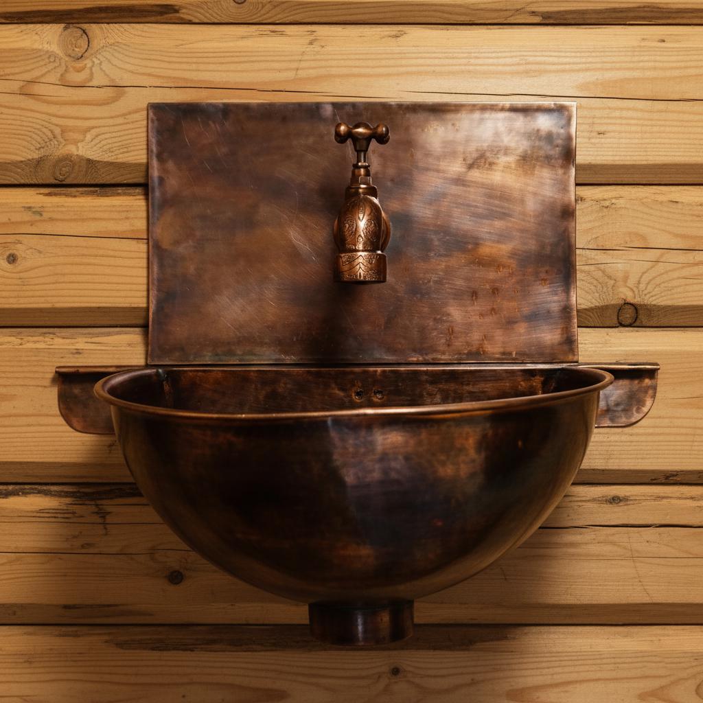 Copper wall-mounted sink with faucet against a wooden wall