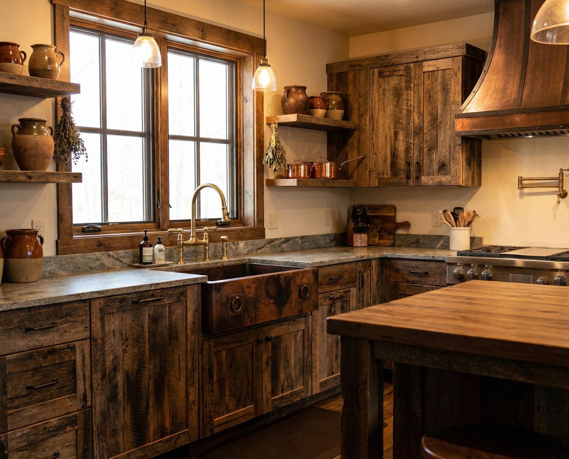 Wooden kitchen with rustic cabinets, a sink, and a large island.