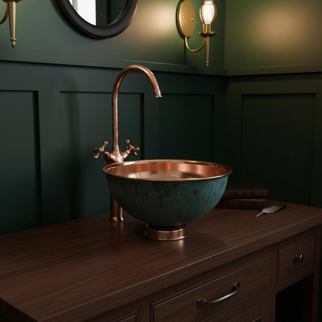 Copper sink with faucet on a wooden vanity against a dark green wall.