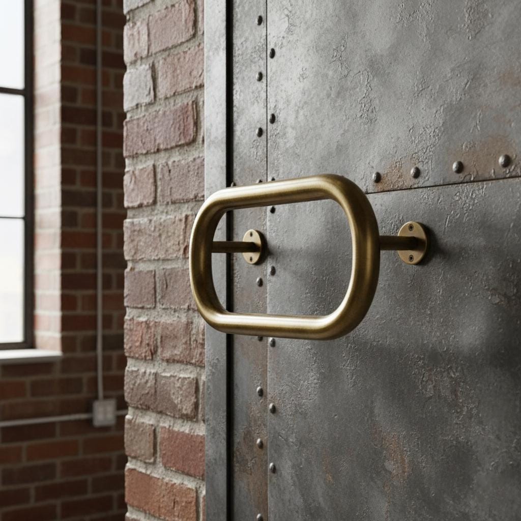 Brass door handle on a metallic door with brick wall background