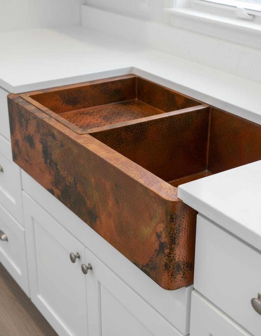Rustic copper farmhouse sink in a kitchen setting with white cabinets.