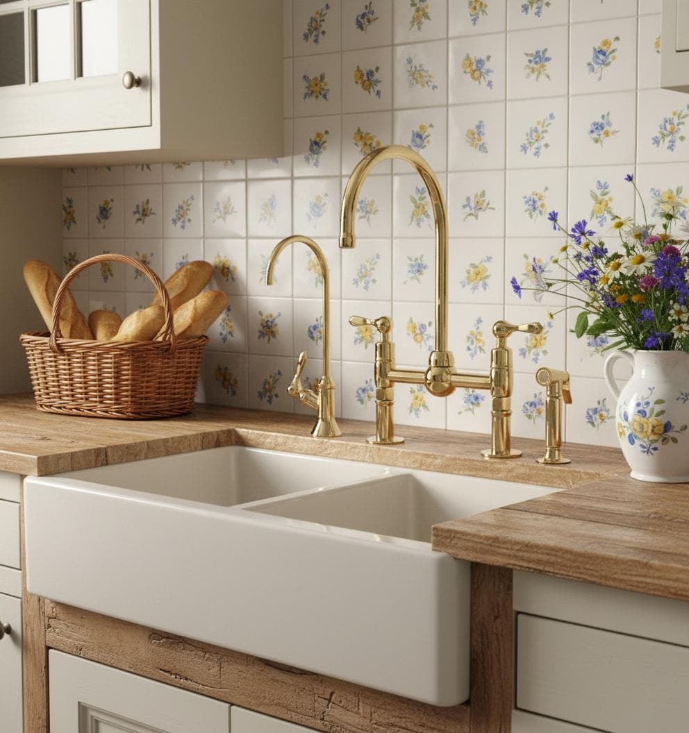 Kitchen with white sink, wooden countertop, and floral tiles.