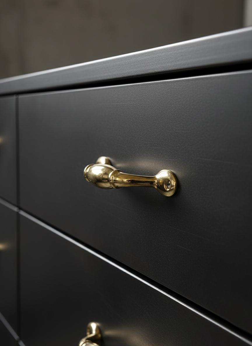 Black drawer with gold handles on a dark background