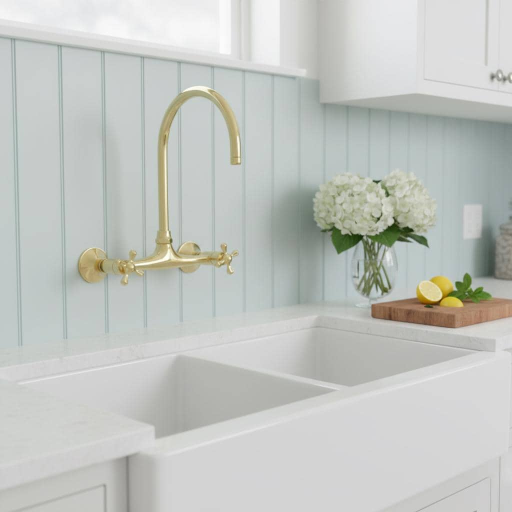 Bronze sink with gold faucet against a wooden wall