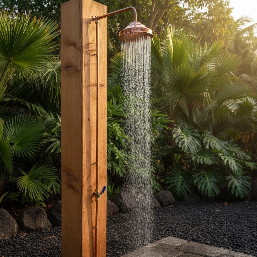 Outdoor shower head with water flowing in a lush garden setting