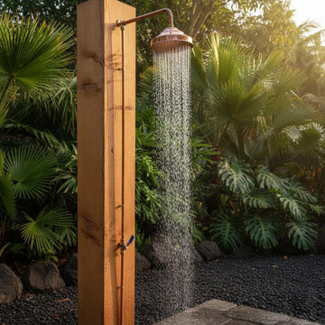 Outdoor shower head with water flowing in a lush garden setting