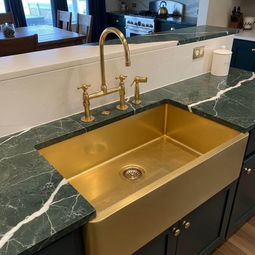 Gold kitchen sink with marble countertop and faucet in a modern kitchen.