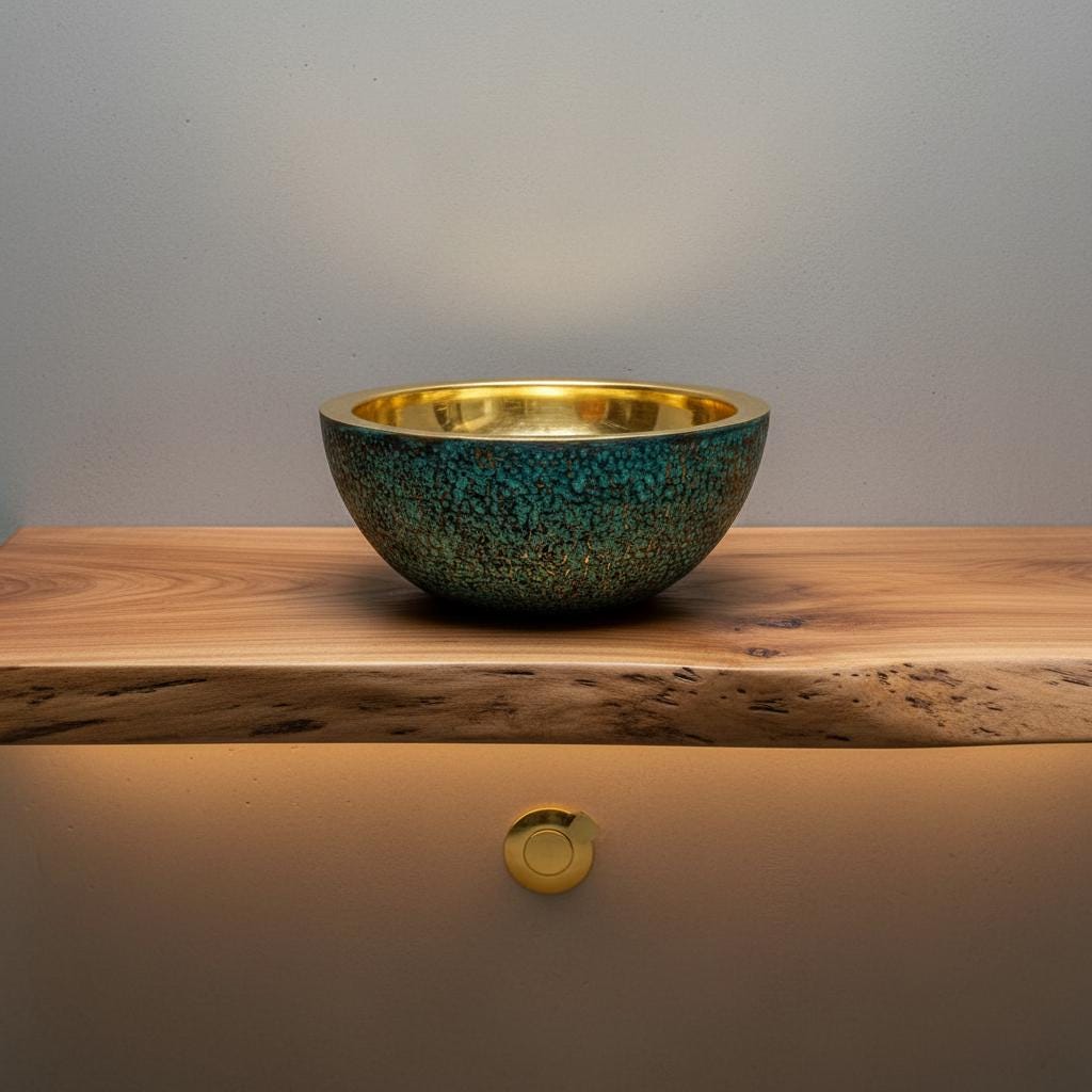 Decorative bowl with gold interior and blue-green exterior on a wooden surface.