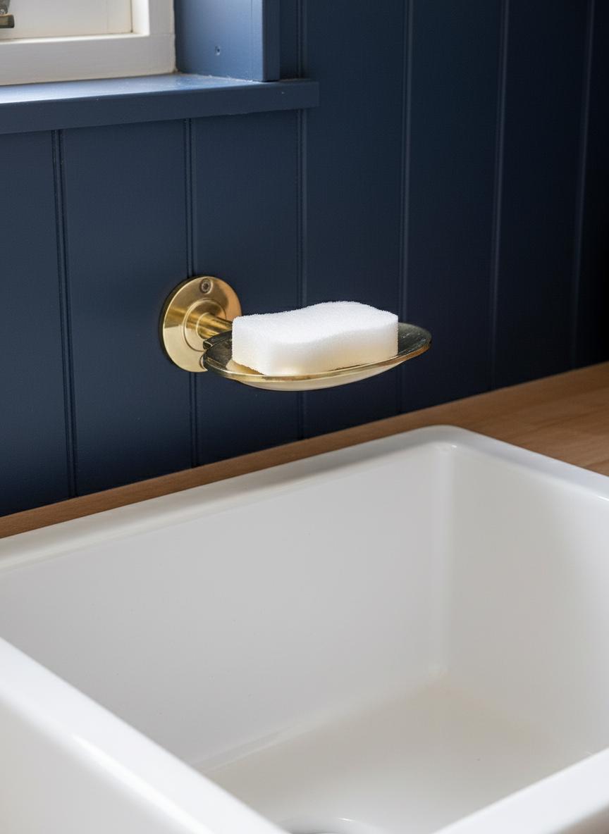 Gold soap dish with a bar of soap on a white sink against a blue wall.