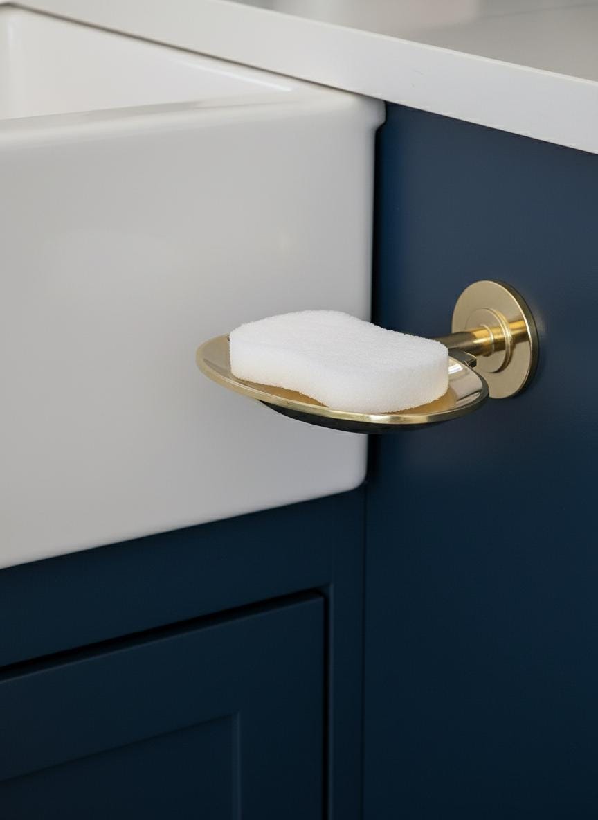 Gold soap dish with bar of soap on a blue cabinet