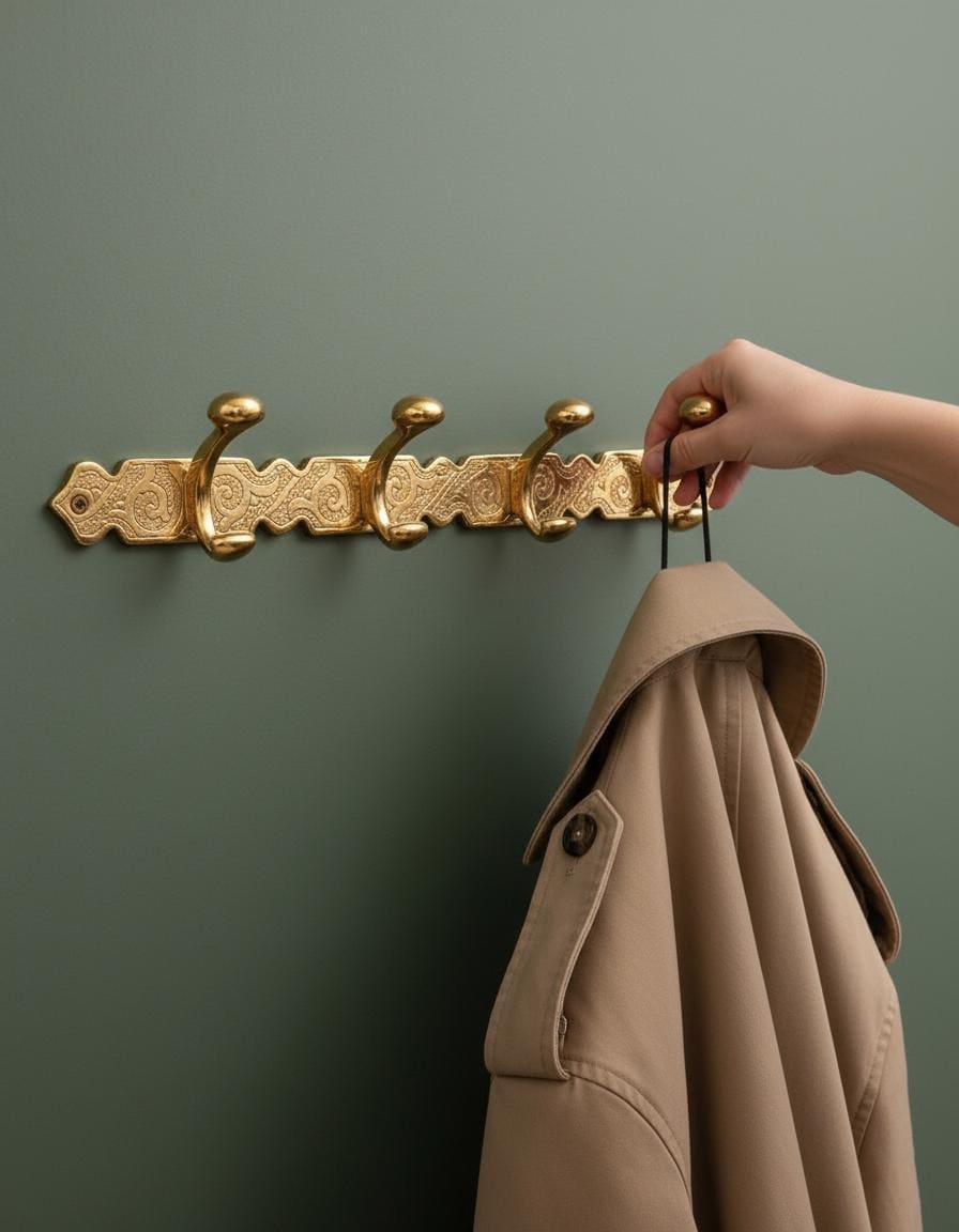 Decorative gold hook with a beige coat on a green wall