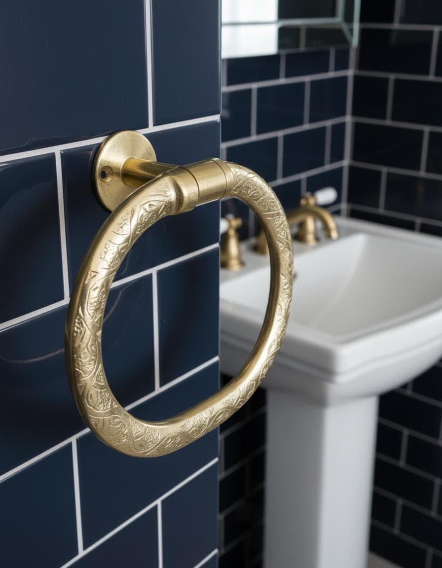 Black towel hanging on a gold towel ring against a black tiled wall with geometric patterns.