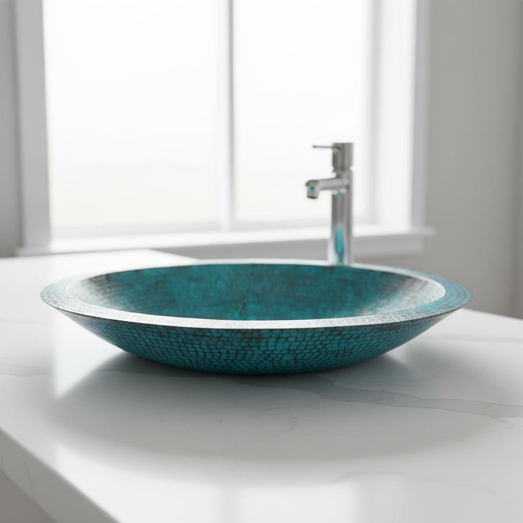 copper sink with bronze faucet and handles on a wooden countertop.
