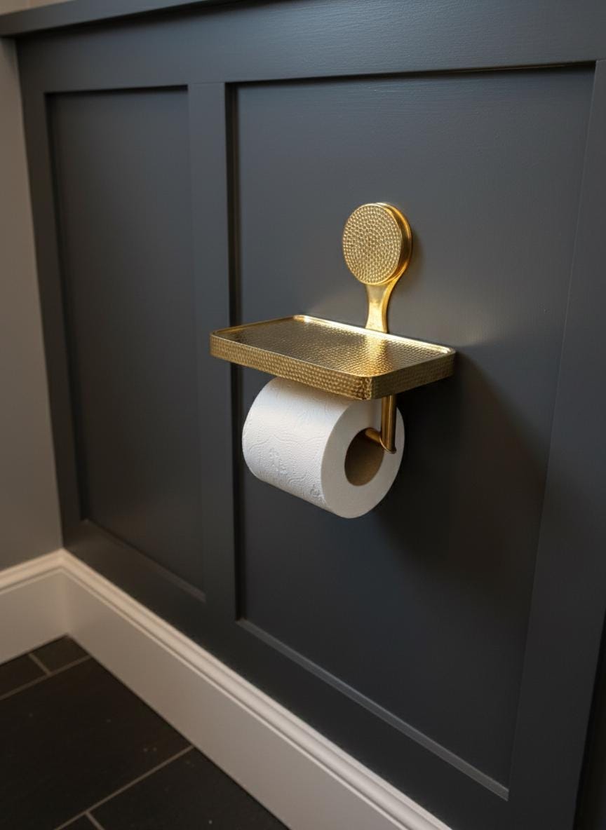Gold toilet paper holder on a dark gray wall