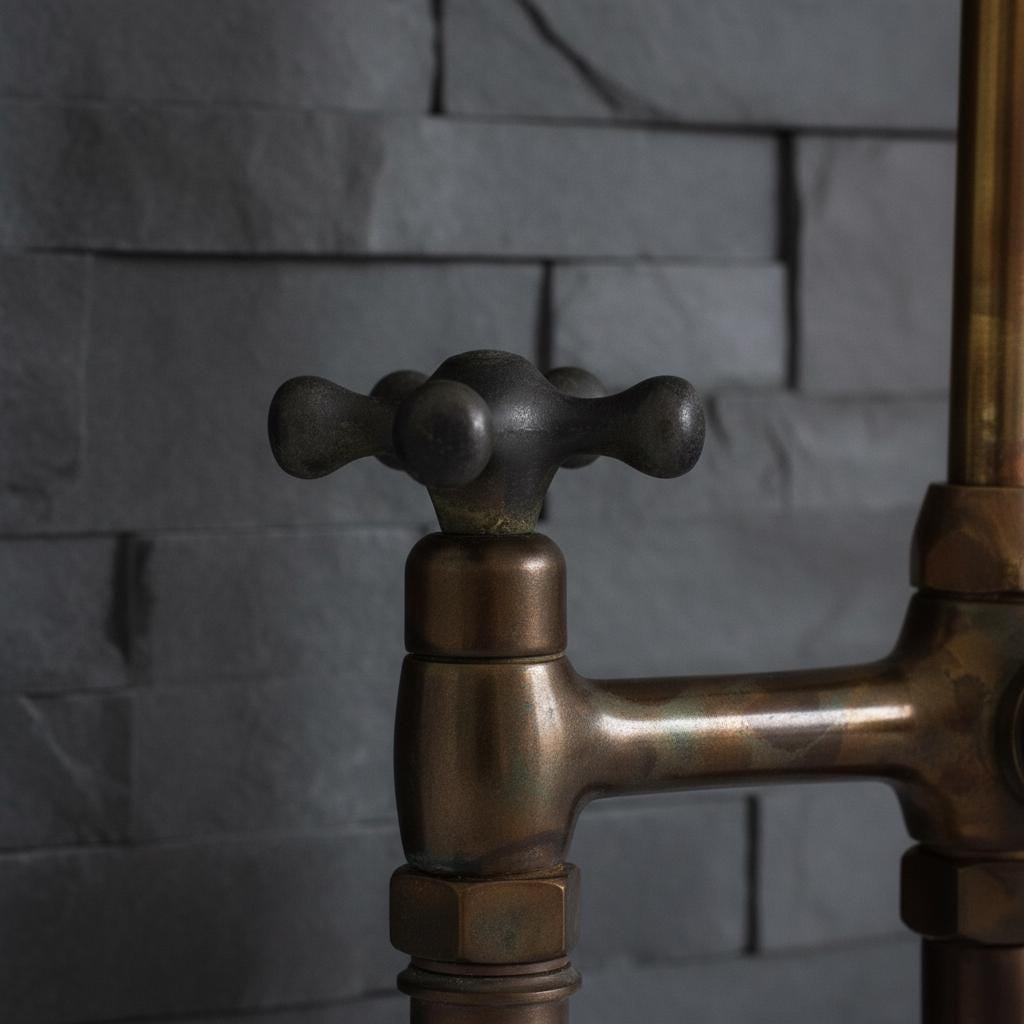 Close-up of a bronze faucet against a gray tiled wall.