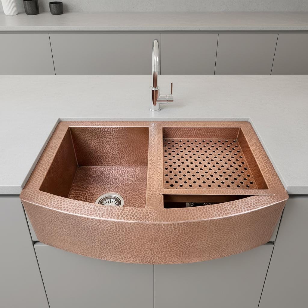 Copper kitchen sink with a perforated drainboard on a gray countertop.