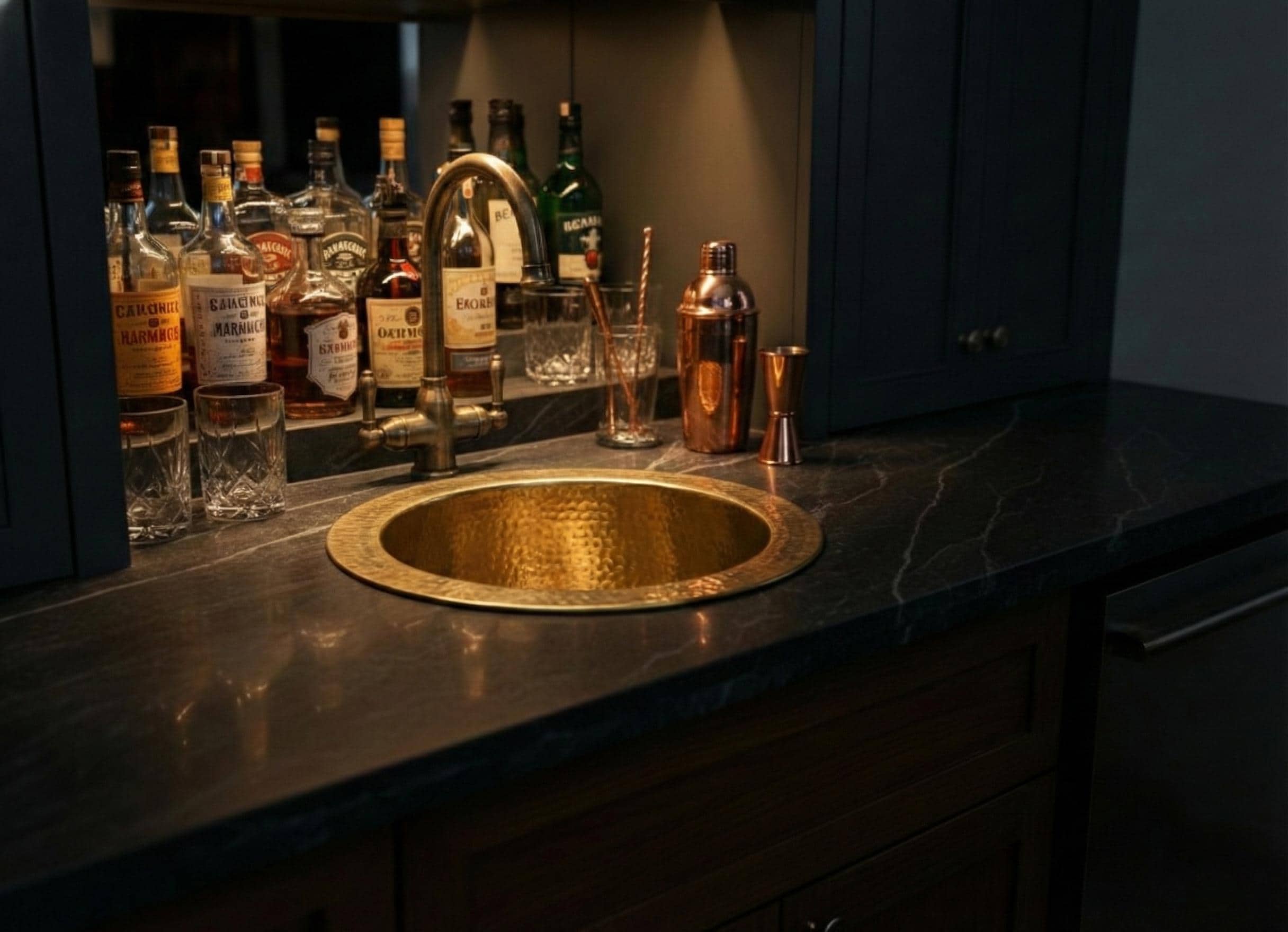 Bar setup with bottles and a gold sink in a dimly lit room