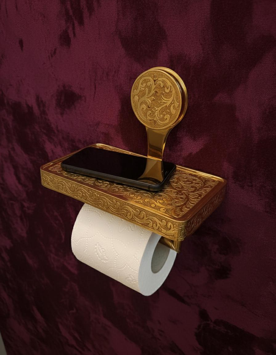 Decorative gold toilet paper holder with a roll of toilet paper on a maroon background