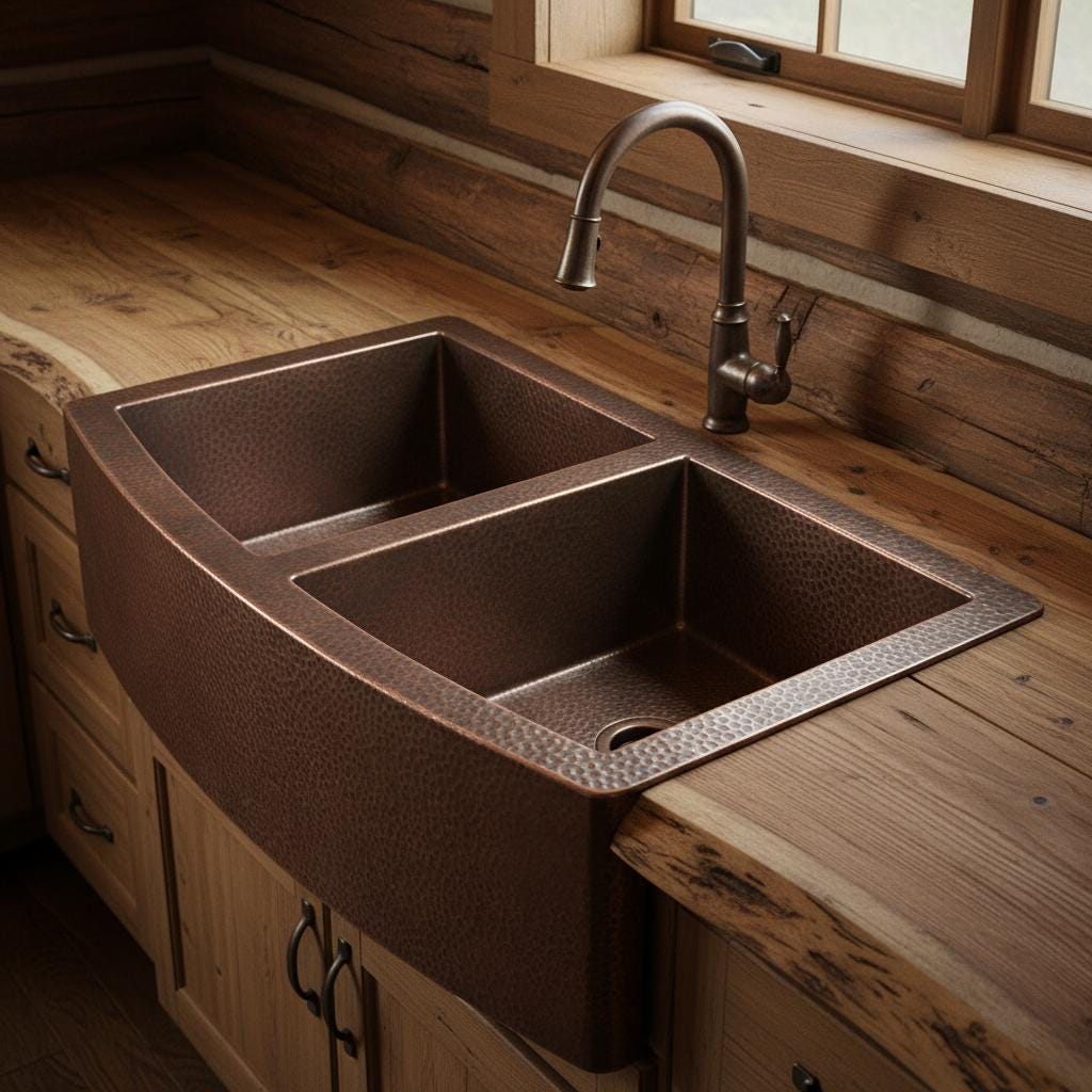 Copper kitchen sink on a wooden countertop with a rustic wooden wall in the background.