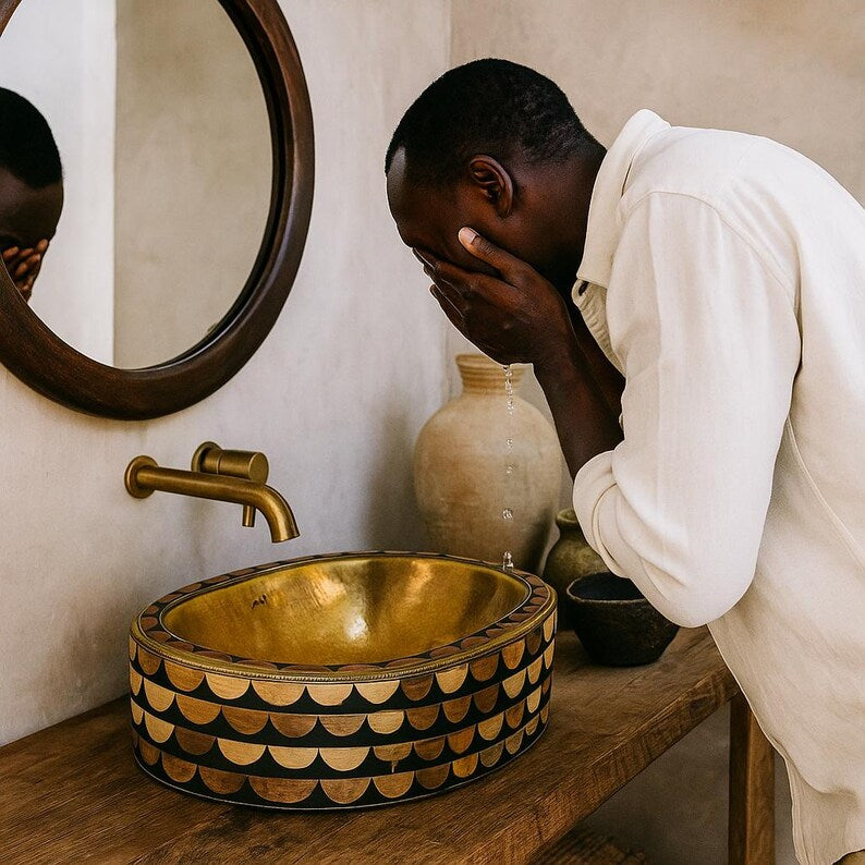 Handcrafted oval brass vessel sink with bone and resin inlay – luxury countertop bathroom basin

