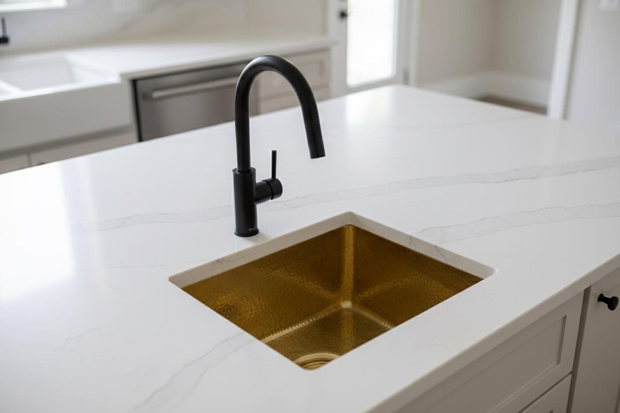 Kitchen sink with black faucet on a white countertop