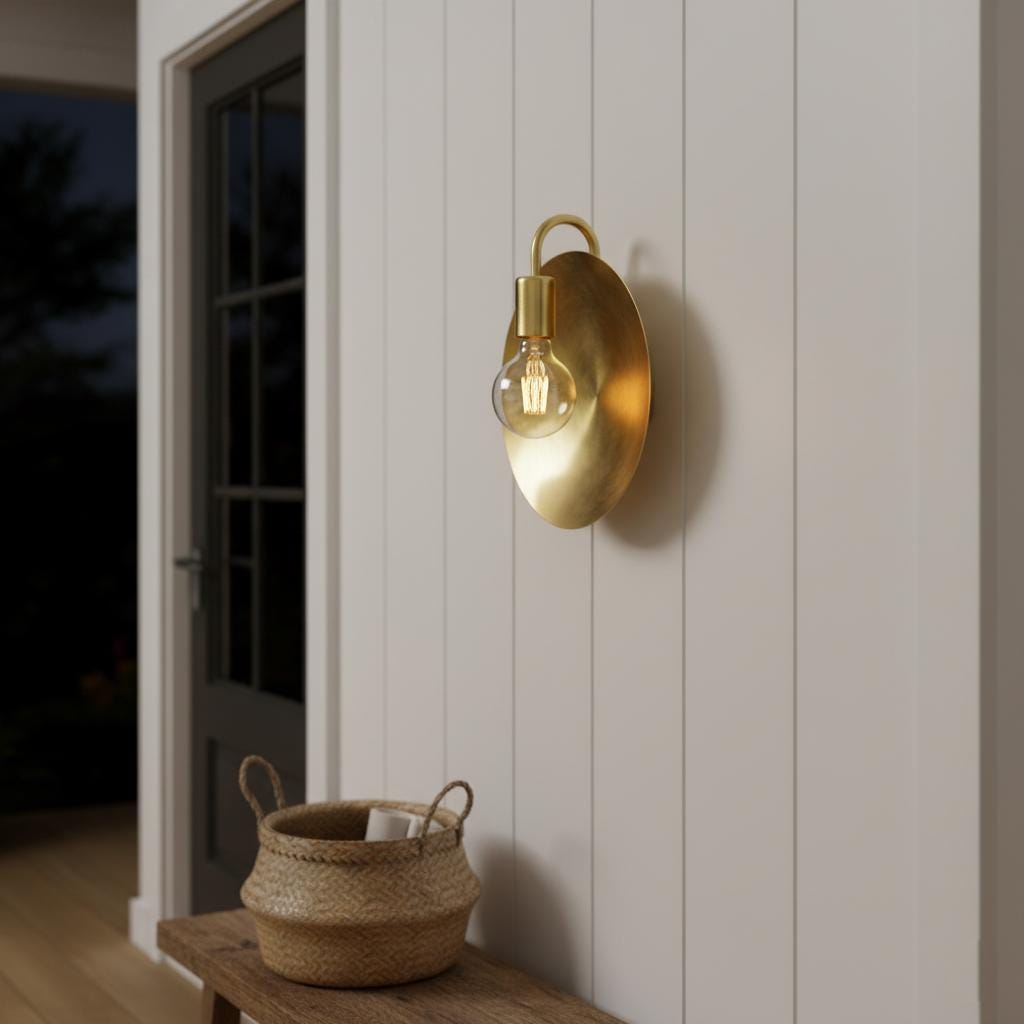 Gold wall sconce with a lit bulb on a white wall next to a woven basket.