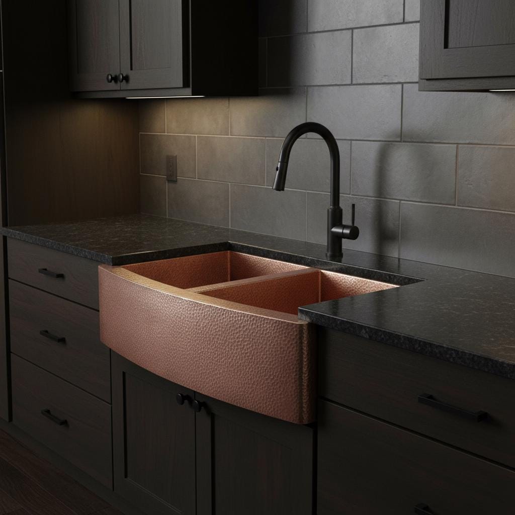 Copper kitchen sink in a modern kitchen setting with white countertops and light green cabinets.