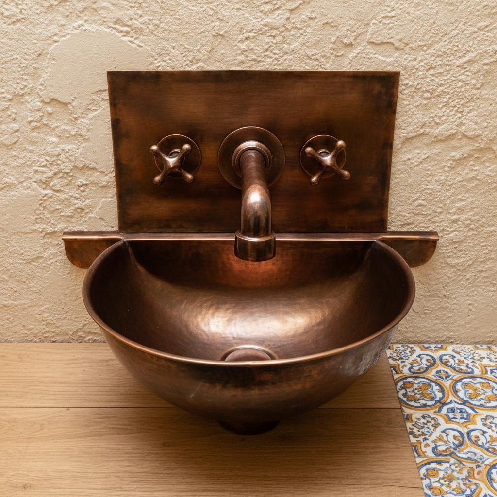 Copper wall-mounted sink with faucet against a textured wall.