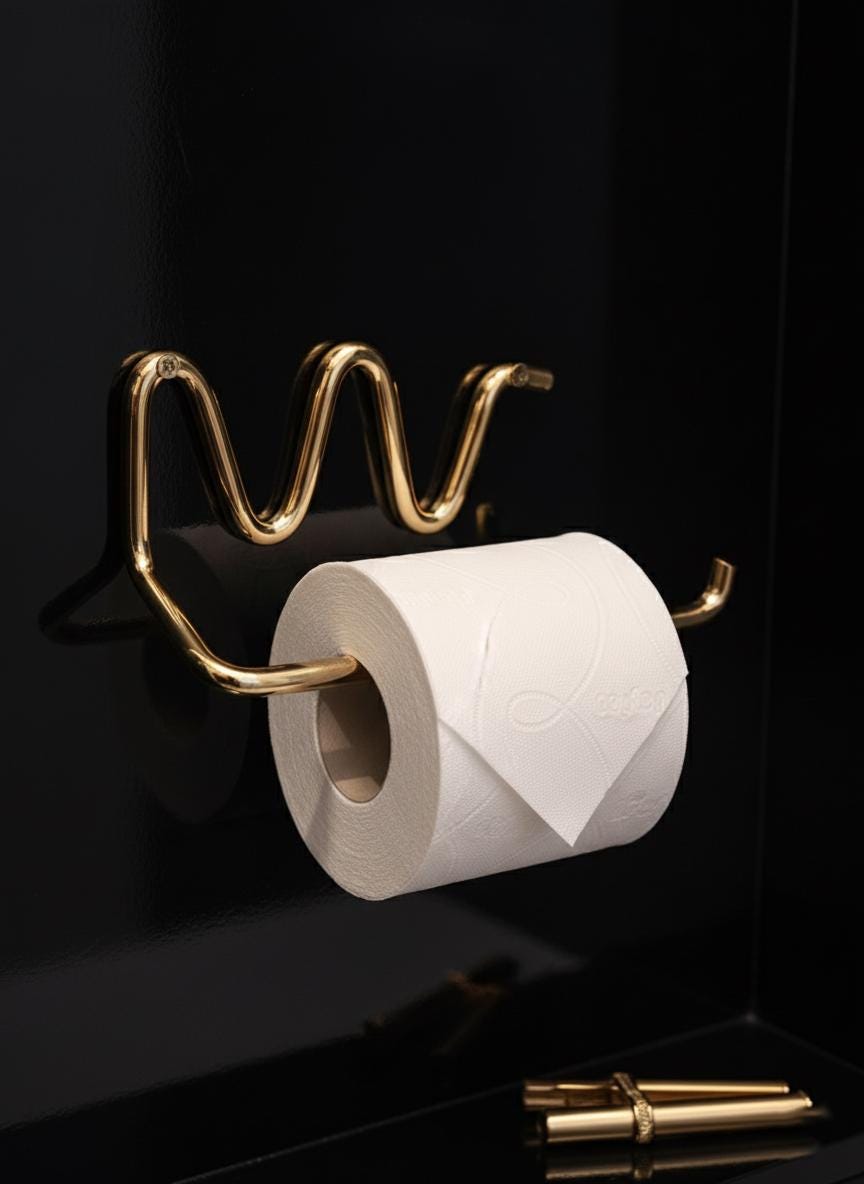 Gold toilet paper holder with a roll of toilet paper on a black background