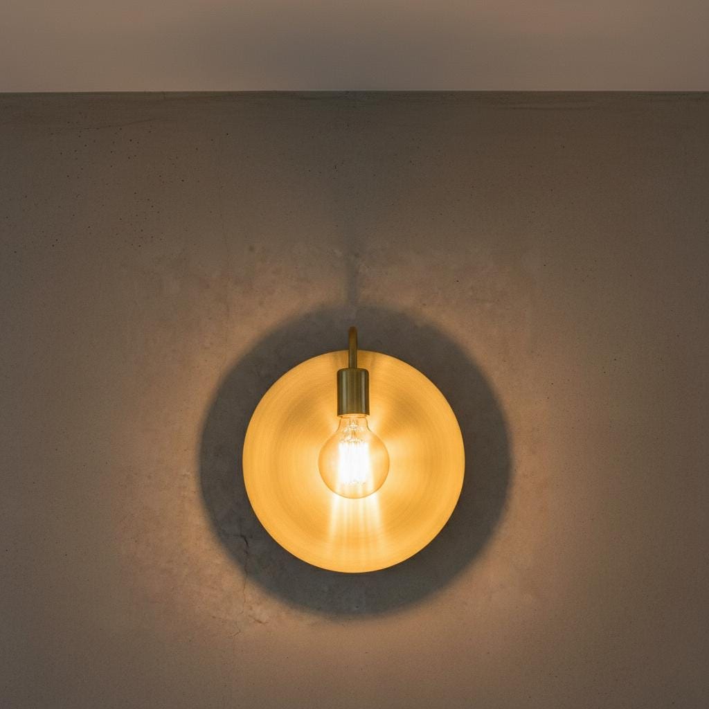 Wall-mounted light fixture with a glowing bulb on a neutral background