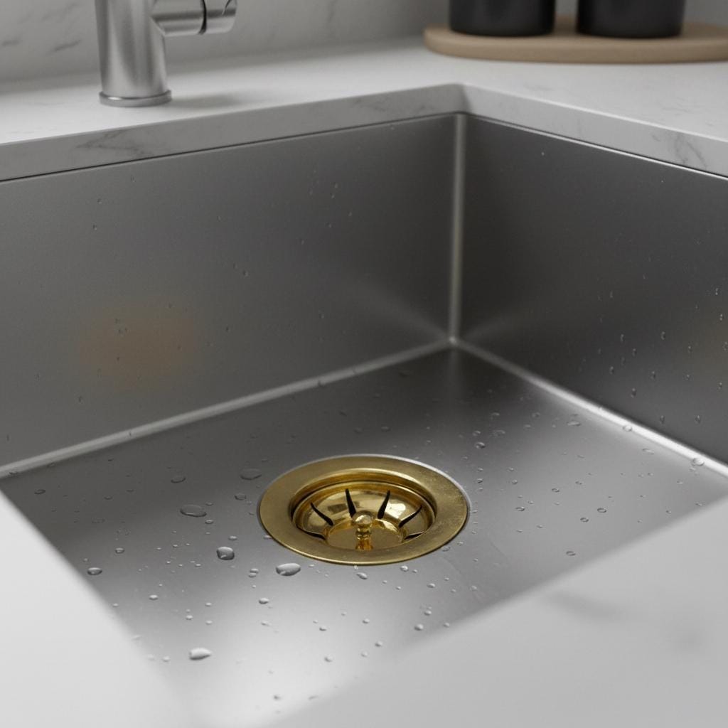 Stainless steel kitchen sink with gold drain cover on a light gray countertop.