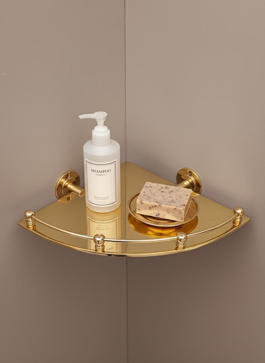 Gold corner shelf with a bottle and bar of soap on a neutral background