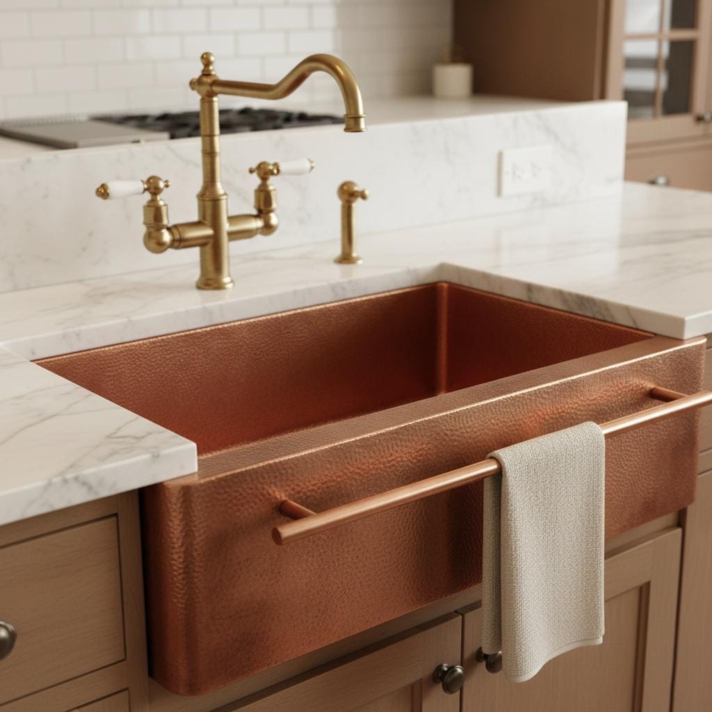 Copper farmhouse sink with gold faucet in a kitchen setting