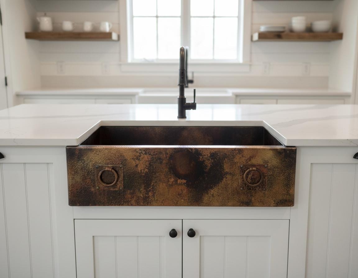 Bronze farmhouse sink in a kitchen with white cabinets and marble countertop.