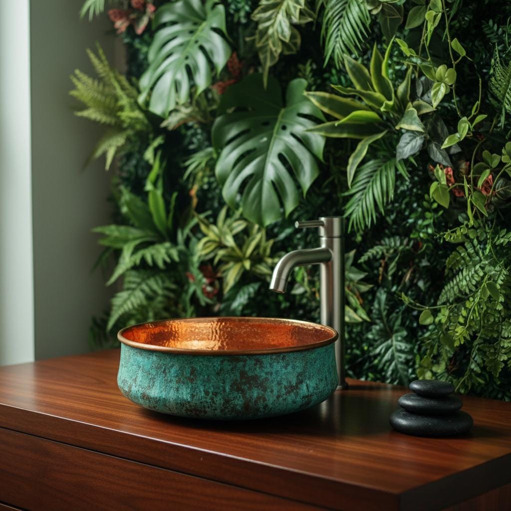 Teal sink on a wooden surface with a silver faucet against a green leafy background